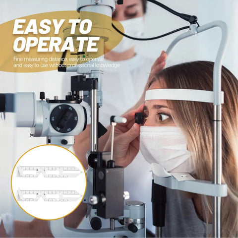 Two Pack PD Measurement Tool For Eyes, Lightweight Pupillary Distance Meter, Portable Pupillometer Ruler For Eyeglasses, Accurate Pupillary Distance Reading In 6.88 By 1.37 Inches. woman using PD eye measurement device
