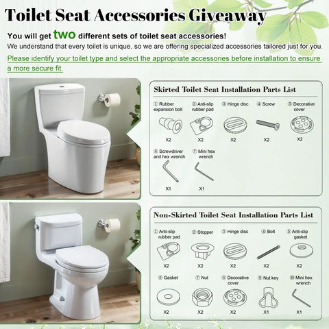 Elongated Toilet Seat with Cover for Bathroom installation kits, skirted and non-skirted toilet accessories displayed.