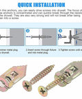 100 Piece Self Tapping Drywall Anchor Kit With Expansion Dowels For Gypsum Board Fixing Rust Resistant Yellow Zinc Plated Carbon Steel Screws No Prep Install Easy Quick Mount For Heavy Wall Items shown with anchors, screws, and drywall install steps