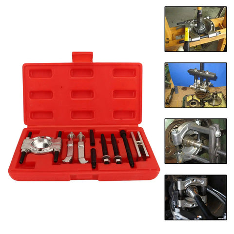 Thinking Process: 9-piece steel bearing splitter puller kit in red case for removing press-fit bearings and gears