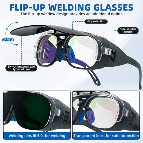 Swappable Dual Lens Welding Glasses ANSI Z87.1 Certified Safety Eyewear with flip-up design for UV protection and side shields.