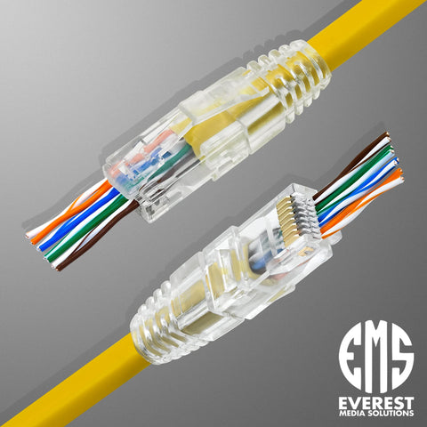RJ45 Cat6 Pass Through Connectors and Strain Relief Boots Pack of 100 EZ to Crimp Modular Plugs for Solid or Stranded UTP Network Cable Male Ethernet Connector End