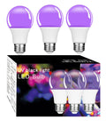 Three purple LED bulbs with E26 base beside box labeled 'UV black light LED Bulb,' showcasing product packaging and design