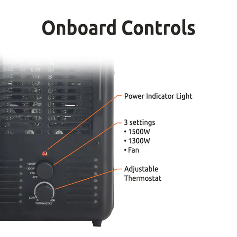 Onboard controls of Heavy Duty 1500 Watt Portable Milkhouse Utility Space Heater With Adjustable Thermostat overheat guard.