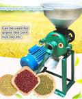 Powerful 1500W Wet And Dry Grain Grinder For Home And Small Biz with blue motor, metal funnel, and sample grains underneath.