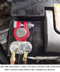 Beefy Battery Terminal Connectors With Anticorrosion Washers And Color Coded Top Post Clamps secure battery cables to connector.