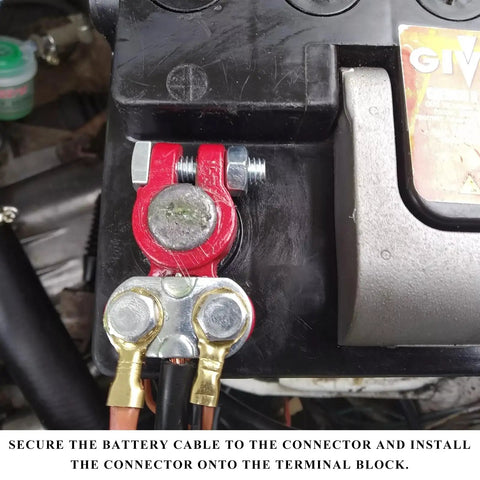Beefy Battery Terminal Connectors With Anticorrosion Washers And Color Coded Top Post Clamps secure battery cables to connector.