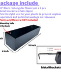 Top Shelf 16 Inch Black Metal Railing Planters Two Pack Rectangular Hanging Flower Boxes packaging showing dimensions and brackets.