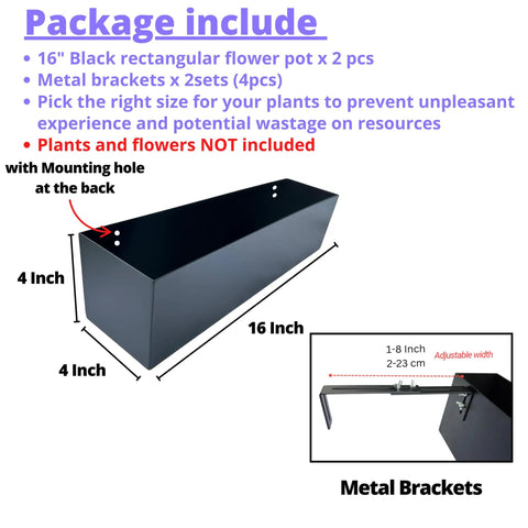 Top Shelf 16 Inch Black Metal Railing Planters Two Pack Rectangular Hanging Flower Boxes packaging showing dimensions and brackets.