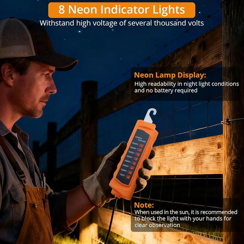 Electric Fence Voltage Tester 700V-8000V With 8 Neon Indicator Lights, handheld orange tester on farm fence at night