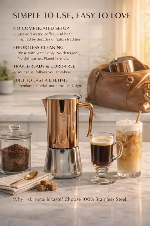 Premium Italian Espresso Maker 12 Cup Moka Pot In Stainless Steel With Copper PVD Finish and coffee drinks on marble counter
