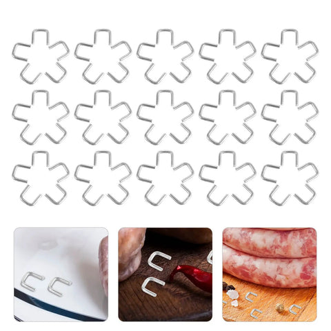 Get The Most Dope Sausage Making Gear With 4000 Heavy Duty Aluminum U Clips For Your Manual Clipper That Hold Tight And Never Bend During Any Crazy Meat Day. 16 aluminum U clips arranged in a grid for sausage clippers.