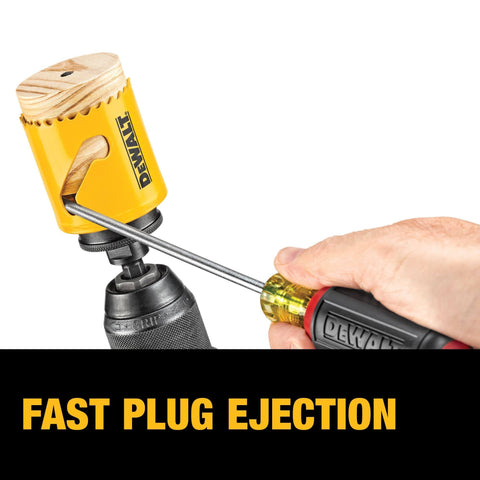 DeWALT hole saw kit, yellow bi-metal blade attached to a drill for cutting wood plugs.