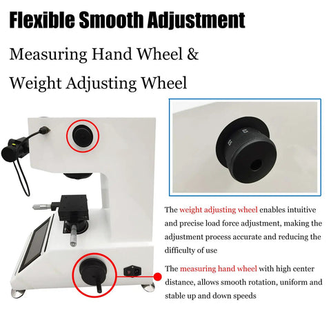 Real Deal Digital Vickers Hardness Tester Featuring Smooth Touchscreen Interface And Dead On Accuracy For Serious Micro Testing Tasks Built Tough For Tight Tolerances And Zero Hassle Calibration Ideal For Shop Floor Experts: hand and weight adjusting wheels.