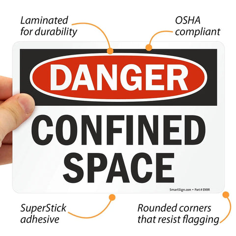 Danger Confined Space OSHA Sticker Labels 5x7 Inch 5 Mil Laminated Polyester With SuperStick Adhesive held in hand