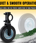 Straight Up Solid Gate Roller Wheels To Take The Drag Out Of Metal Tube Fences Smooth Six Inch Black Anti Sag Tracks close-up.