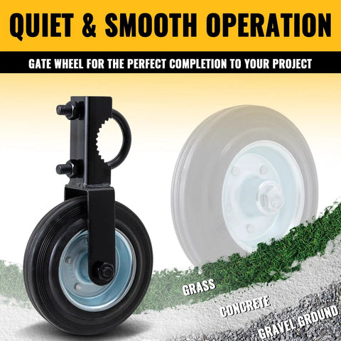 Straight Up Solid Gate Roller Wheels To Take The Drag Out Of Metal Tube Fences Smooth Six Inch Black Anti Sag Tracks close-up.