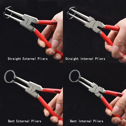 4 Piece Snap Ring Pliers Set Internal And External Circlip Pliers 13 Inches Heavy Duty Ring Remover Tool With Straight And Bent Tips Pro Grade Durability Cr V Steel showing straight and bent tips in use