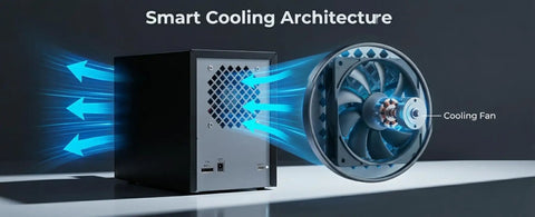 Rock Solid USB C External Storage 4 Bay Sata Hdd Ssd Enclosure showing smart cooling architecture and fan design.