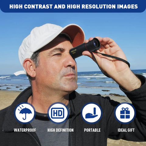 Mini Monocular Telescope 30x25 HD High Powered Scope For Adults, Perfect For Stargazing, Hunting, Bird Watching, Hiking, Concerts, Travel, And Scenic Views, Black Finish, man using it at beach