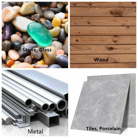 Four materials: glass stone pebbles, wood planks, metal bars, and porcelain tiles that can be carved with Diamond Grinding Head Set