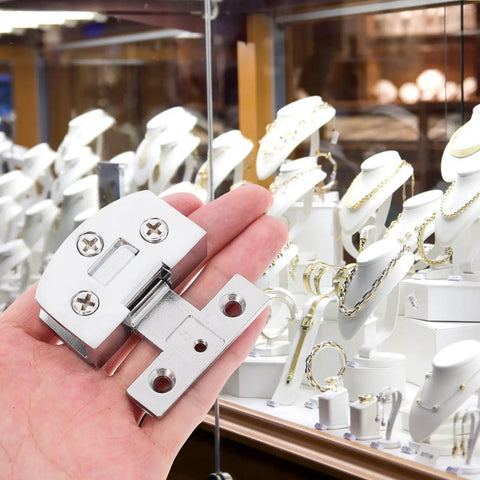 Heavy Duty No Drill Stainless Steel Glass Door Hinge With Adjustable Angle For Frameless Tempered Glass Doors And Display Cabinets Easy Install Smooth Operation Built To Last, silver hinge in hand