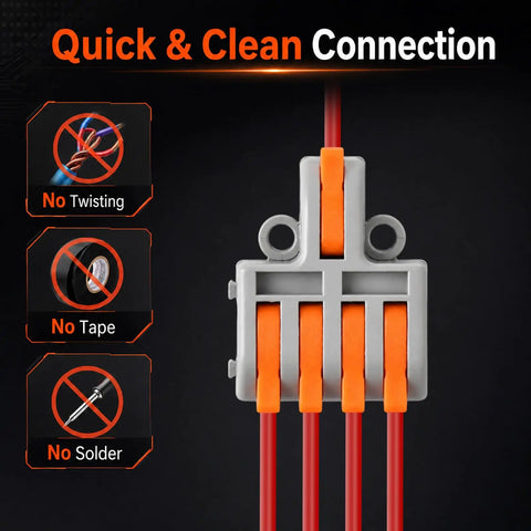 32 Piece Assorted Lever Wire Connectors Quick Push Connect Kit For Hella Easy Do It Yourself Electrical Wiring and Car Garage Grinds with Solid Industrial Grade Construction showing quick connection design.