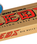 Front view: Bones Reds Big Balls skateboard bearings, 8-pack; two blue-shielded metal bearings on a Bones box.