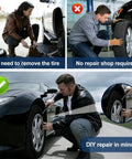 Man using 70 Piece Tire Repair Kit With Dual Size Rubber Nails for quick roadside tire repair on car, no tire removal needed