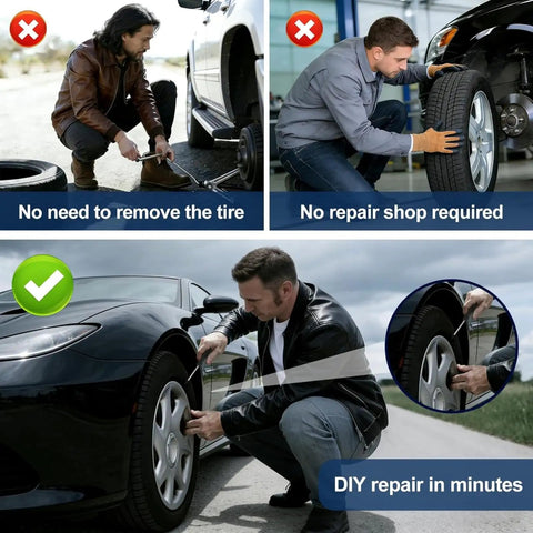 Man using 70 Piece Tire Repair Kit With Dual Size Rubber Nails for quick roadside tire repair on car, no tire removal needed