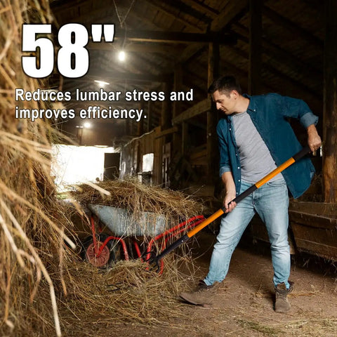 Man using Heavy Duty Garden Pitch Fork With 5 Tines And Fiberglass Handle 58 Inches One Piece High Carbon Steel Head Rust Resistant Coating Non Slip Grip A Real Workhorse For Compost Leaf Litter And Tilling Soil in barn filled with hay.