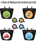 Front Bike Basket For Kids With Bell, black plastic design, includes 4 dinosaur-themed sticker sets for baskets and bells.