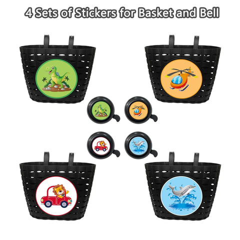 Front Bike Basket For Kids With Bell, black plastic design, includes 4 dinosaur-themed sticker sets for baskets and bells.