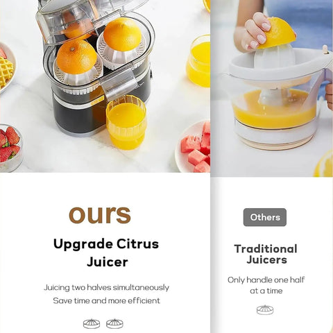 Top Rated Electric Citrus Juicer Machine With Powerful 100W Motor making fresh orange juice with dual fruit chambers.