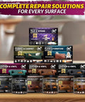Display of repair kits for tile, fabric, floor, leather, and vinyl with 'complete repair solutions' text.
