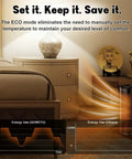 Portable Space Heater With Remote Control, 17 Inch 1500W PTC Ceramic Heater displayed in bedroom with energy graphs