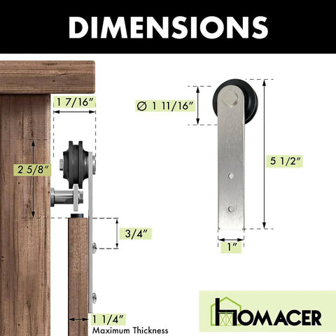 Dimensions of Mini Brushed Nickel Sliding Barn Door Hardware Kit for Two Doors with 54 Inch Flat Track, Straight Rollers