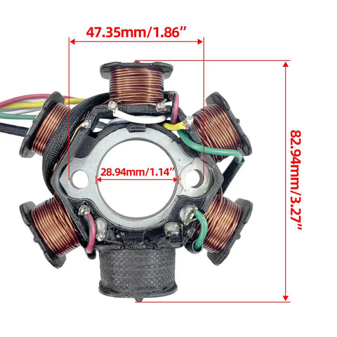 All In One Ignition Kit For GY6 125cc Engines - 6 Pole Magneto Stator Coil with dimensions for scooters and ATVs