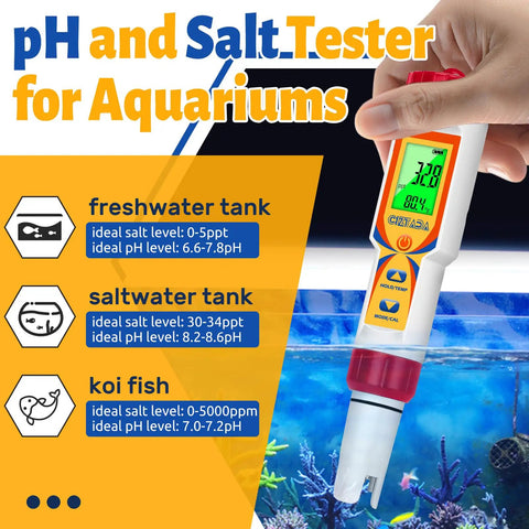 Five In One Pool Water Tester For Saltwater Pools And Hot Tubs Digital Salt And PH TDS EC Meter over aquarium with display screen