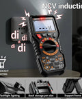 Magnetic 20000 Count TRMS Digital Multimeter With Auto Ranging, NCV, built-in flashlight, on wall with glowing indicators