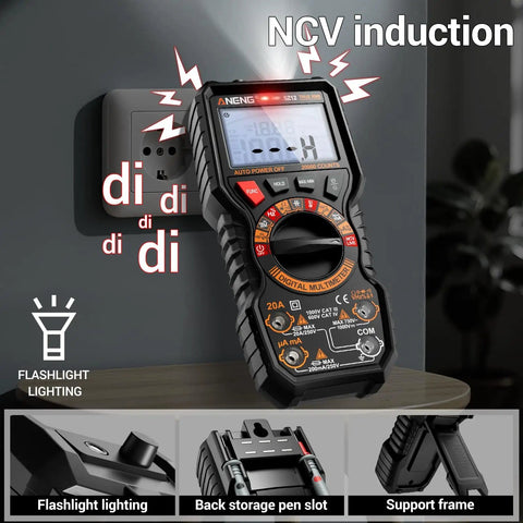 Magnetic 20000 Count TRMS Digital Multimeter With Auto Ranging, NCV, built-in flashlight, on wall with glowing indicators