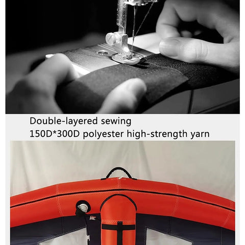 Close-up of sewing detail and dual airbag on orange Dual Airbag Wing Foil Kitesurfing Trainer Kite With Window Design And Safety Window Panel
