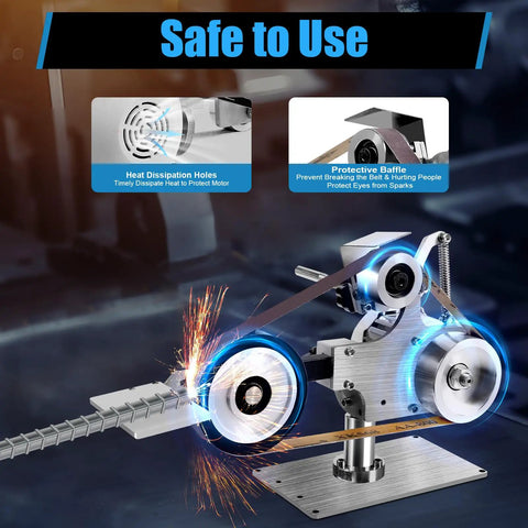 Heavy Duty 550W Brushless Belt Sander Grinder Featuring Variable Speed Includes Two Abrasive Belts For Wood Polish And Metal Sharpening Shop Ready Built Tough To Handle The Daily Grind Solid Performance 110V with heat dissipation holes and protective baffle.