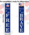 Totally Ready To Hang Patriotic Party Decor Kit With Preassembled Hanging Banners for 4th of July Memorial Day Veterans Day Labor Day Flag Day Armed Forces Homecoming Red White And Blue Celebration Accessories displaying 'Home of the Free' and 'Because of the Brave' banners.