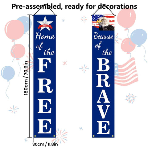 Totally Ready To Hang Patriotic Party Decor Kit With Preassembled Hanging Banners for 4th of July Memorial Day Veterans Day Labor Day Flag Day Armed Forces Homecoming Red White And Blue Celebration Accessories displaying 'Home of the Free' and 'Because of the Brave' banners.