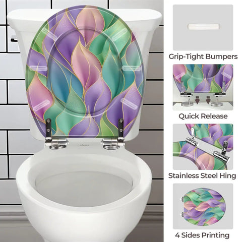Toilet Seat Round Resin for Bathroom featuring colorful wave design, quick release hinges, and grip-tight bumpers.