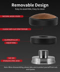 Exploded view of 58mm Coffee Distributor And Espresso Leveler with natural wood cover and 304 stainless steel base labeled.