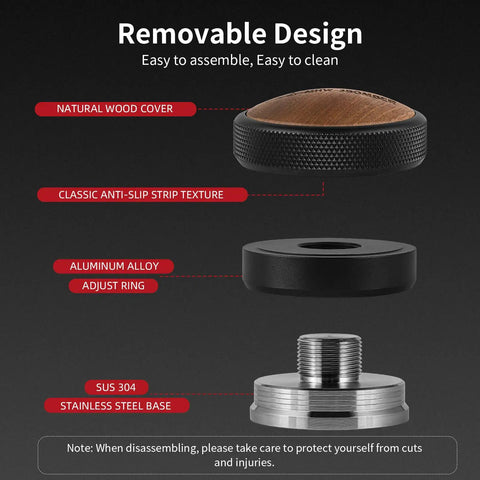 Exploded view of 58mm Coffee Distributor And Espresso Leveler with natural wood cover and 304 stainless steel base labeled.