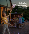 Woman using Electric Fly Zapper Racket 3800V Battery Powered Handheld Pest Control With 3 Layer Protection Grid on patio