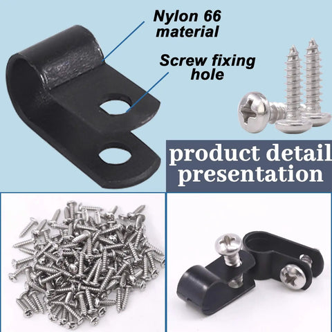 One Quarter Inch Black Nylon R Type Cable Clip Wire Clamp Kit With 120 Screws composed of nylon clips and stainless screws